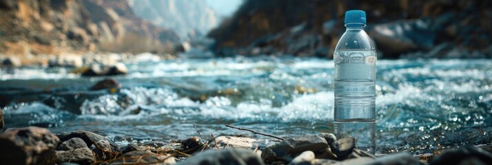 Plastic bottle with fresh drinking water against the background of a mountain river stands on a stone. The concept of clean natural mountain water