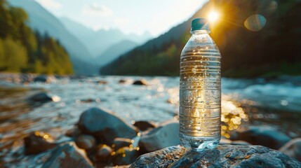 Plastic bottle with fresh drinking water against the background of a mountain river stands on a stone. The concept of clean natural mountain water