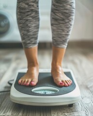 Closeup of woman standing on weight scale in living room at home