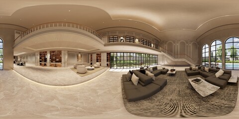 Wall Mural - 3d illustration spherical 360 vr degrees, a seamless panorama of the room and apartment . interior design 3D rendering.reception in a modern panoramic house