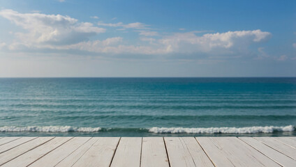 Wall Mural - empty white wooden table for product display with sea ​​view background