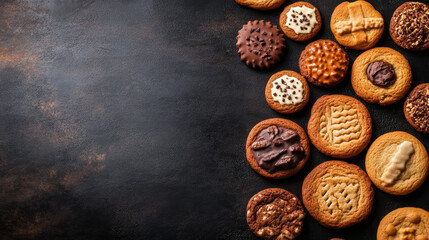 assorted homemade cookies on dark rustic background for gourmet dessert concept