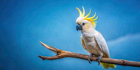 Wall Mural - Yellow crested cockatoo perching on branch against blue background, bird, wildlife, nature, tropical, colorful, feathers