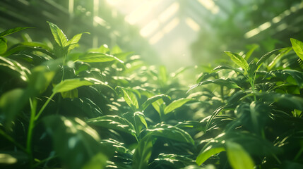 basil growing in a greenhouse under bright light