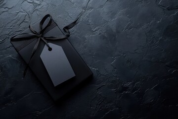 Elegant black Friday promotional package with a blank tag positioned on a textured dark surface