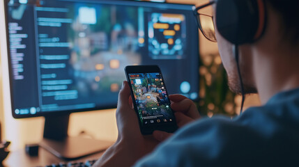  app developer testing a mobile game on a smartphone, with code and digital assets on a computer monitor in the background