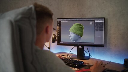 Fototapete - Young 3D designer creates and draws clothes using PC. Interface of professional 3D modeling or design software displayed on the monitor. Teenager working on freelance project on computer at home.