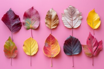 Aufkleber - pink background with bunch of leaves, Aesthetically arranged autumn leaves on pastel pink background
