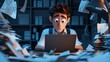 © VirtualVista - 3D cartoon of a young attractive entrepreneur man working late at a desk looking exhausted and sleepy while using a laptop in a busy office filled with financial papers