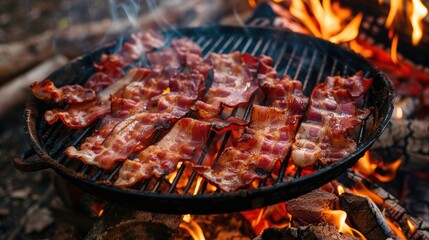 Wall Mural - Cooking bacon on a campfire Generative AI