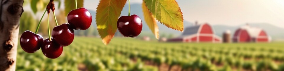 Wall Mural - Close up on big Cherries hanging on a cherry tree branch.