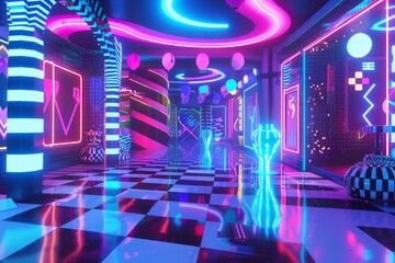 Fototapete - room with neon lights and checkered floor, An 80s roller disco with neon lights and funky patterns