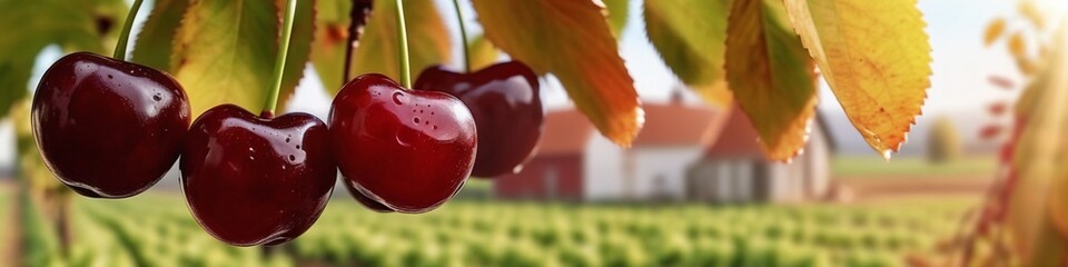 Wall Mural - Close up on big Cherries hanging on a cherry tree branch.