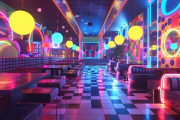 Fototapete - room with neon lights and checkered floor, An 80s roller disco with neon lights and funky patterns
