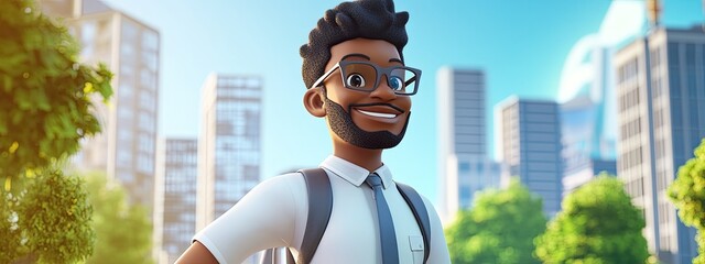 cheerful 3d cartoon black man strolling through a city on his way to work beaming with joy as a real