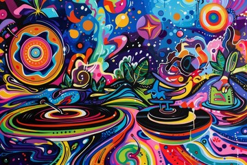 Fototapete - painting of colorful abstract design, digital abstract landscape with pixelated elements