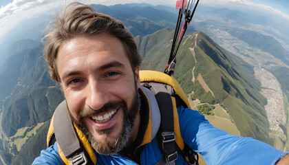 Parapente parachute sport extrême vol montagne homme barbu.