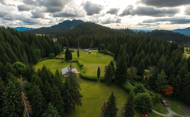 Sticker - Aerial view of a golf course surrounded by a lush forest with a cloudy sky in the background.