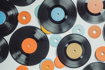 pile of old vinyl records on table, An array of vintage vinyl records scattered across white canvas