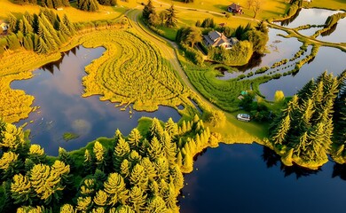 Sticker - Aerial view of a lush green forest with winding lakes and a small house nestled amongst the trees.