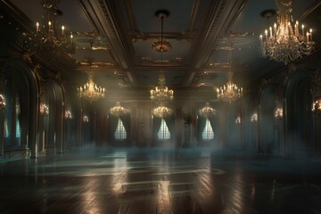 Aufkleber - large room with chandeliers and chandelier, An elegant, empty ballroom with chandeliers softly lit