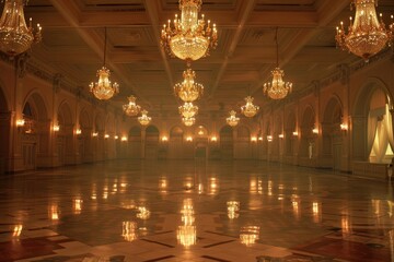 Aufkleber - large room with chandeliers and chandelier, An elegant, empty ballroom with chandeliers softly lit
