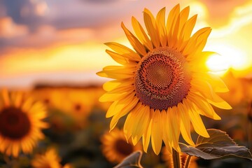 Wall Mural - Sunflower Field. A Stunning Sunset Over a Vast Field of Sunflowers in the Countryside