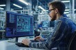 © ffunn - Engineer working on a computer in a modern factory. Industrial background