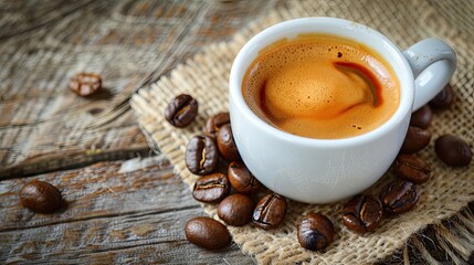 Wall Mural - Coffee cup and coffee beans on a wooden background. toning. selective focus