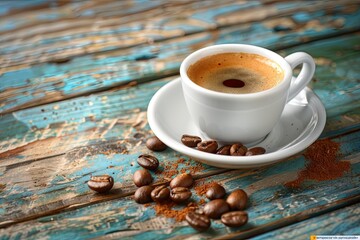 Wall Mural - Coffee cup and coffee beans on a wooden background. toning. selective focus