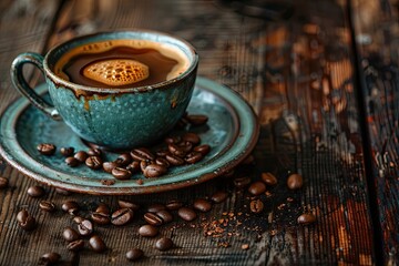 Wall Mural - Coffee cup and coffee beans on a wooden background. toning. selective focus