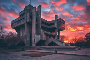 building with stairs and sunset in the background, An imposing neo-brutalist structure against pastel-hued sunset