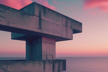 building with stairs and sunset in the background, An imposing neo-brutalist structure against pastel-hued sunset