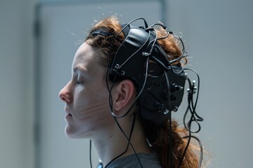 Aufkleber - woman with head device on her head, brain-computer interface enhancing cognitive capabilities