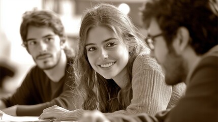 06081115 132 A sepia-toned image of teachers and students brainstorming ideas together in a classic classroom setting -