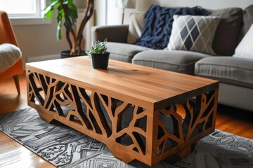 wooden table sitting on top of rug, An intricate design of DIY wooden coffee table for living room interiors