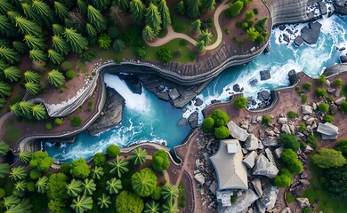 Wall Mural - Aerial view of a waterfall in a forest with a winding path and a small building.