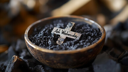 A close-up of a bowl filled with ashes and a small cross labeled 