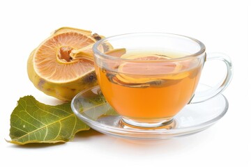 Wall Mural - Bael fruit juice and quince tea in glass with dried slice on white background