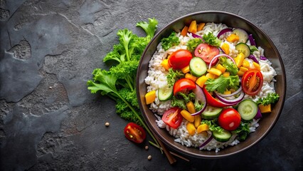 Fresh salad with rice and vegetables on a dark background, salad, fresh, rice, vegetable, healthy, nutritious, food, meal, greens