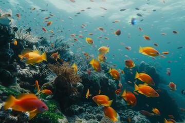 Wall Mural - group of fish swimming in the ocean, school of colorful fish swimming past healthy reef