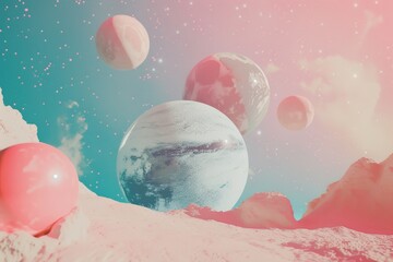 Fototapete - colorful sky with planets and clouds, soft pop take on the galaxy with muted, pastel stellar bodies