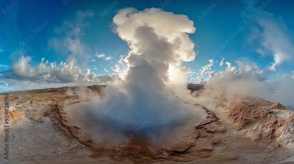 A powerful geyser erupts into the sky with billowing steam. The ...