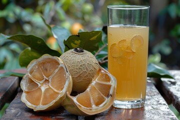 Wall Mural - Picture of bael fruit and glass of juice