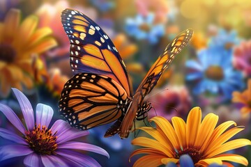 Wall Mural - Beautiful monarch butterfly standing on a yellow flower, enjoying the pollen and the sun in a colorful garden