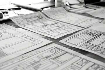 Poster - desk with laptop and bunch of drawings, wireframe sketch prompts your design decisions