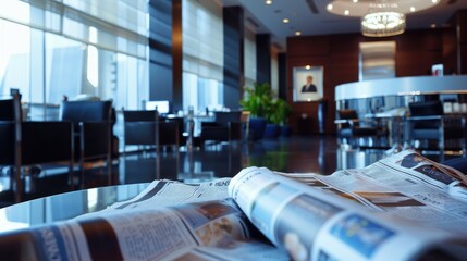 Wall Mural - A sophisticated business lounge with financial newspapers spread out, indicating an atmosphere of high-stakes negotiations