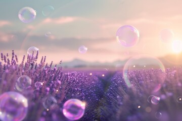 Poster - field of lavender with bubbles in the air, Bubbles floating over lavender field in dreamy haze