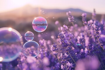 Poster - field of lavender with bubbles in the air, Bubbles floating over lavender field in dreamy haze