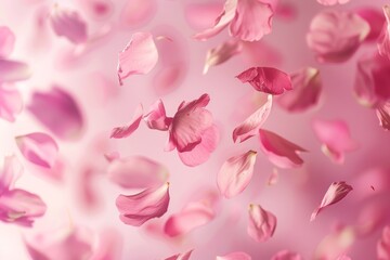Poster - bunch of pink petals floating in the air, Cherry blossom petals Falling cherry blossom petals in pastel pink